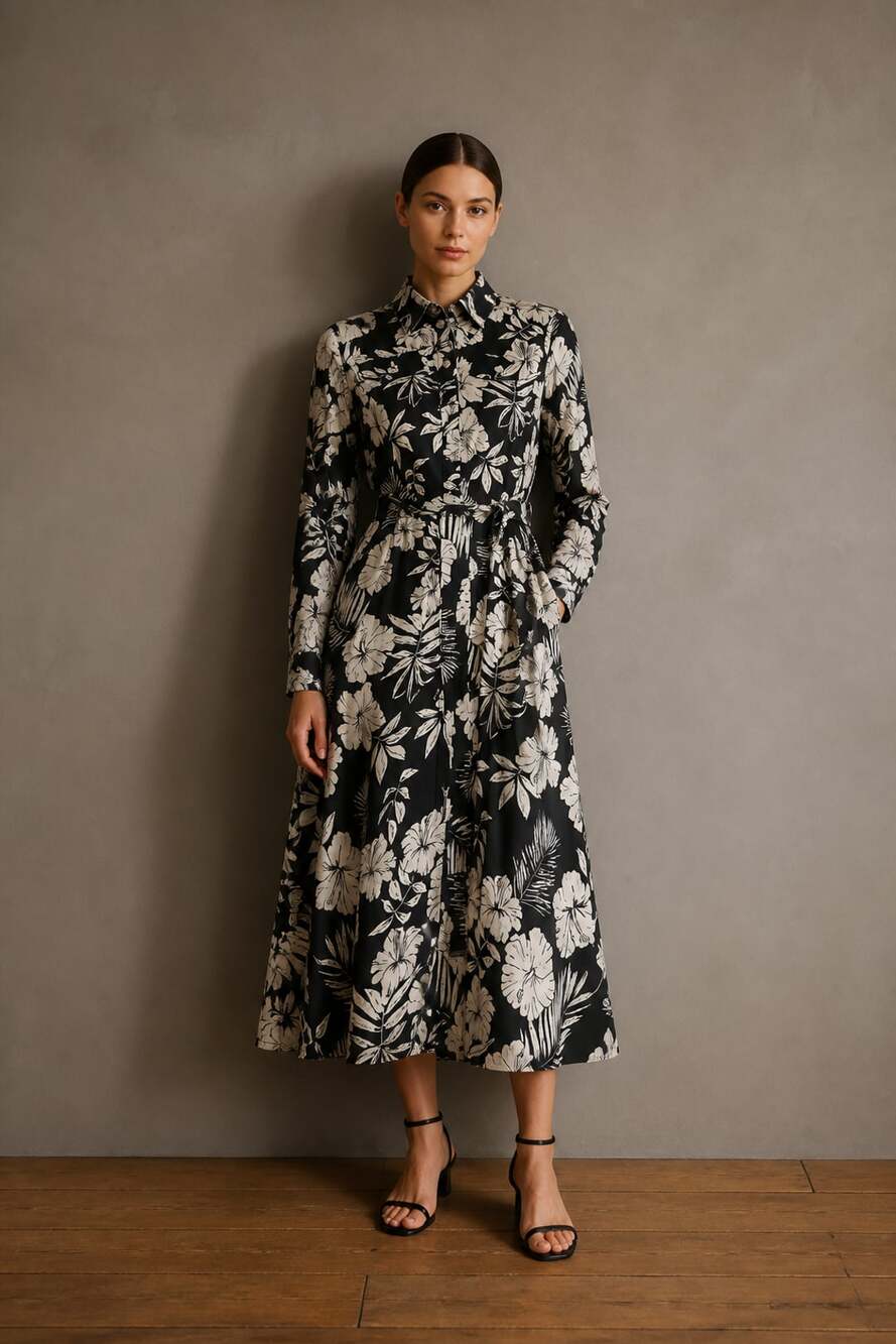 PINKO Assente Shirt Dress Size 4 Black Floral Jacquard Midi